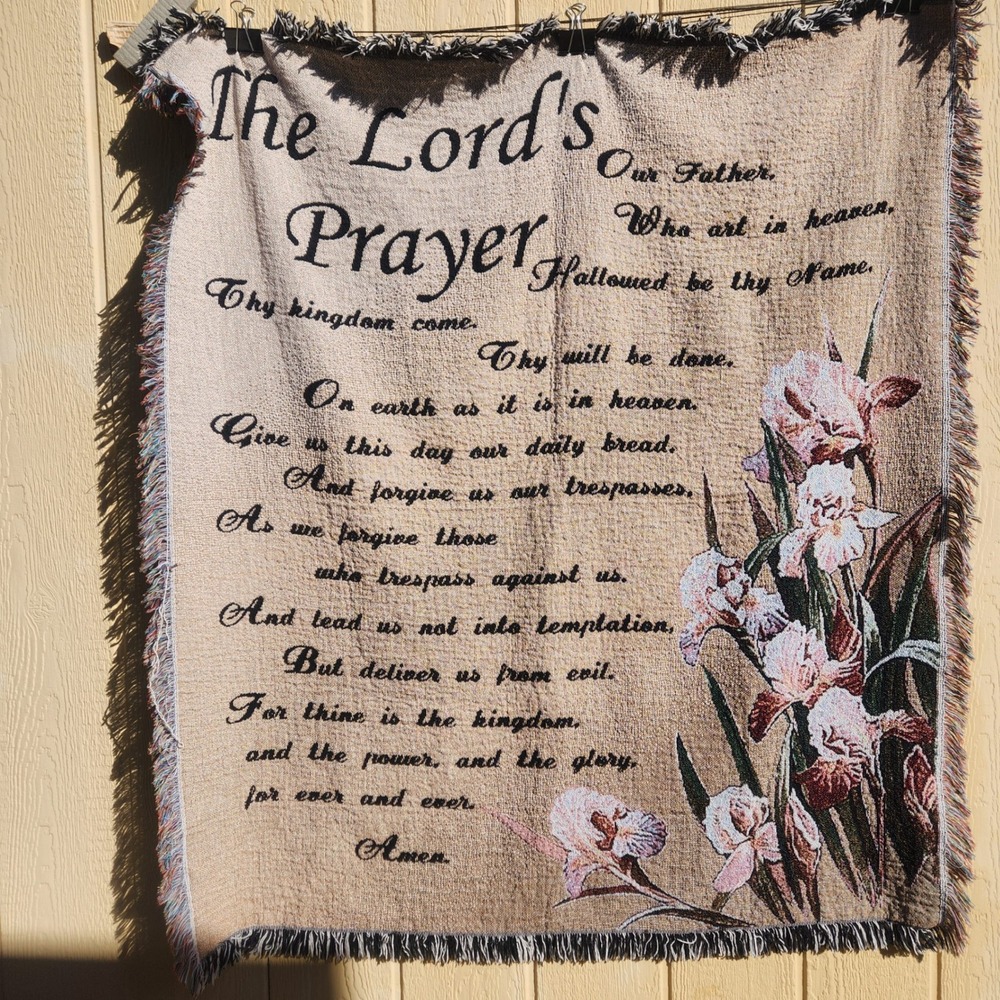 The Lords Prayer Tapestry Throw Blanket Afghan Irise Floral Fringed Woven Prayer